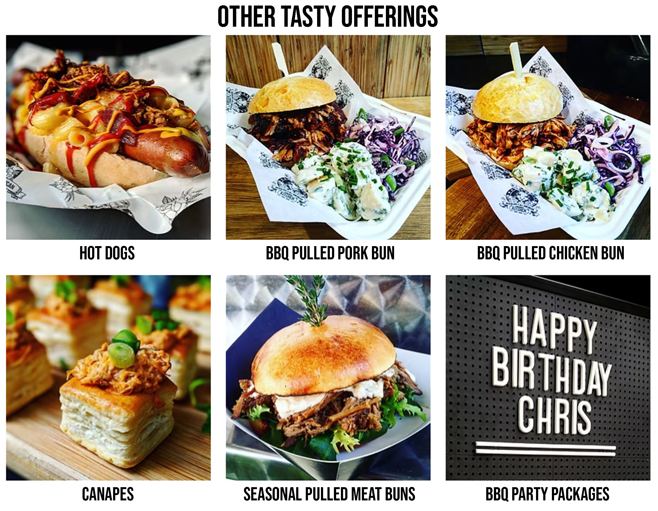 options like hot dogs, BBQ pulled pork, jackfruit, and seasonal buns, chicken wings, canapes, and bespoke party packages